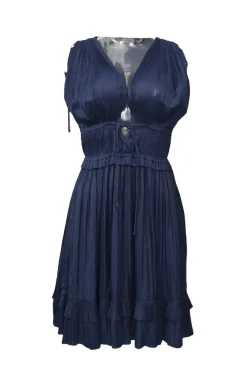 Navy polyester drawstring plissé plunge neck sleeveless dress with front keyhole details