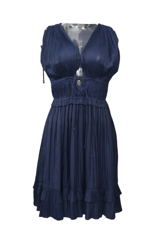 Navy polyester drawstring plissé plunge neck sleeveless dress with front keyhole details