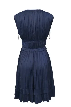 Navy polyester drawstring plissé plunge neck sleeveless dress with front keyhole details
