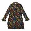 Navy polyester floral print classic collar half-button pullover shift dress with flounce cuffs