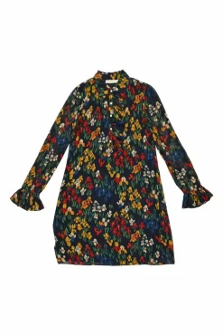 Navy polyester floral print classic collar half-button pullover shift dress with flounce cuffs