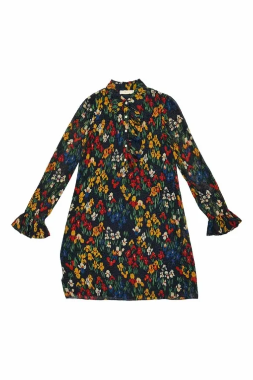 Navy polyester floral print classic collar half-button pullover shift dress with flounce cuffs