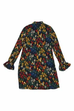 Navy polyester floral print classic collar half-button pullover shift dress with flounce cuffs