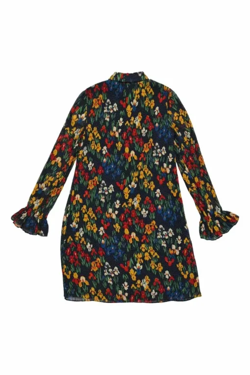 Navy polyester floral print classic collar half-button pullover shift dress with flounce cuffs