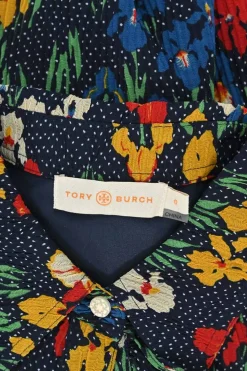 Navy polyester floral print classic collar half-button pullover shift dress with flounce cuffs