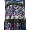 Navy polyester mixed-media tier-ruffle sleeveless swing top with stand collar and gathered yoke