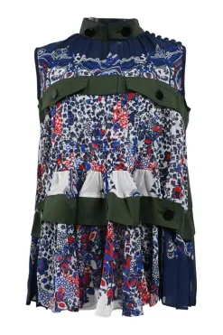 Navy polyester mixed-media tier-ruffle sleeveless swing top with stand collar and gathered yoke