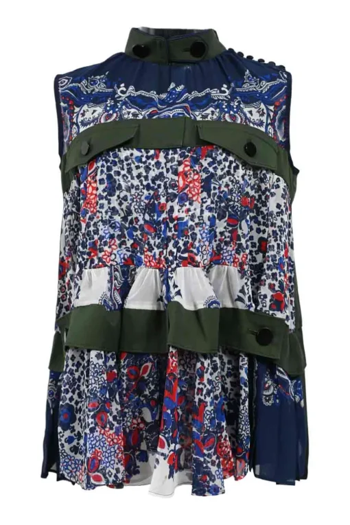 Navy polyester mixed-media tier-ruffle sleeveless swing top with stand collar and gathered yoke