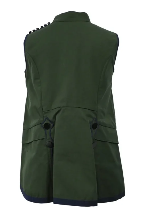 Navy polyester mixed-media tier-ruffle sleeveless swing top with stand collar and gathered yoke