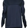 Navy polyester pullover ruched sleeve blouse with keyhole back