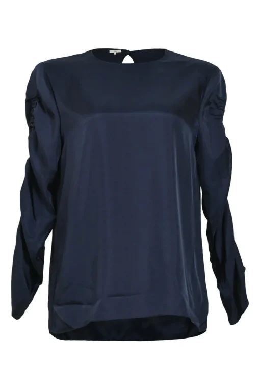 Navy polyester pullover ruched sleeve blouse with keyhole back