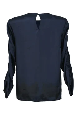 Navy polyester pullover ruched sleeve blouse with keyhole back