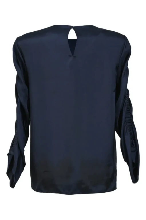 Navy polyester pullover ruched sleeve blouse with keyhole back