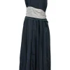 Navy polyester sleeveless tie-waist midi A-line dress with pintuck bodice and pleated skirt