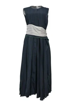 Navy polyester sleeveless tie-waist midi A-line dress with pintuck bodice and pleated skirt