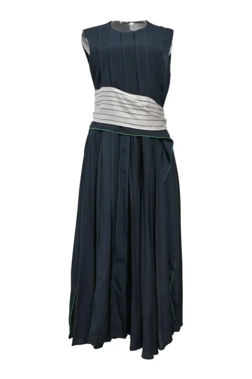 Navy polyester sleeveless tie-waist midi A-line dress with pintuck bodice and pleated skirt