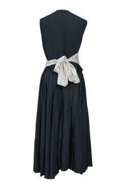 Navy polyester sleeveless tie-waist midi A-line dress with pintuck bodice and pleated skirt