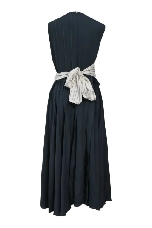 Navy polyester sleeveless tie-waist midi A-line dress with pintuck bodice and pleated skirt