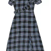 Navy polyester tartan puff sleeve A-line midi slit dress with frill trim appliqué