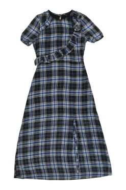 Navy polyester tartan puff sleeve A-line midi slit dress with frill trim appliqué