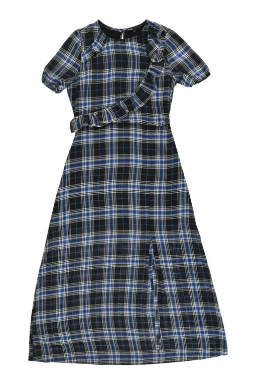 Navy polyester tartan puff sleeve A-line midi slit dress with frill trim appliqué