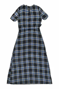 Navy polyester tartan puff sleeve A-line midi slit dress with frill trim appliqué