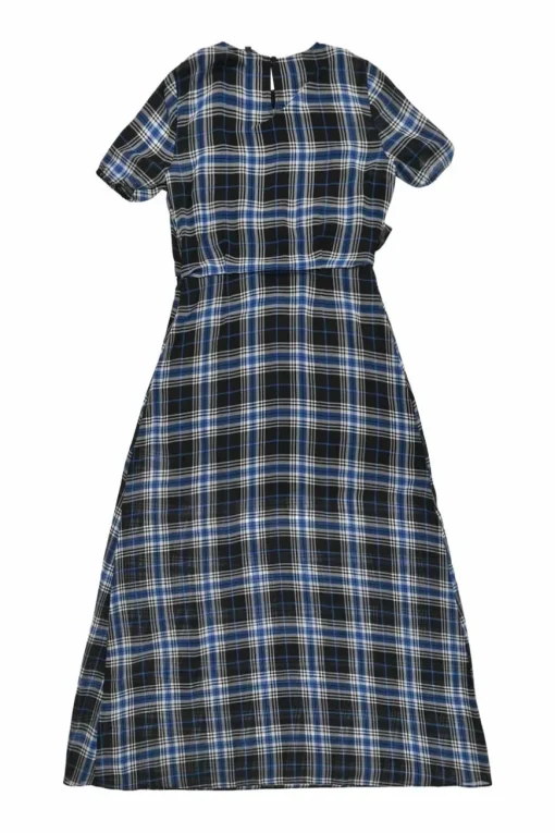 Navy polyester tartan puff sleeve A-line midi slit dress with frill trim appliqué