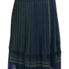 Navy polyester-blend abstract border print apron-style knife-pleat midi apron foulard skirt