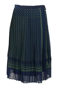 Navy polyester-blend abstract border print apron-style knife-pleat midi apron foulard skirt