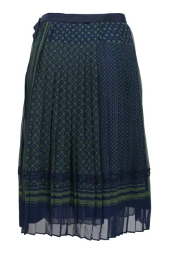 Navy polyester-blend abstract border print apron-style knife-pleat midi apron foulard skirt