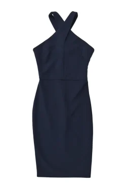 Navy polyester-blend criss-cross Grecian neck mini sheath dress