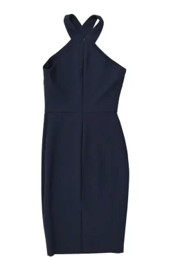 Navy polyester-blend criss-cross Grecian neck mini sheath dress