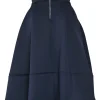 Navy polyester-blend neoprene pull-on A-line cricle midi skirt