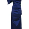 Navy polyester-blend taffeta Belis one-shoulder midi dress with bow accent and back vent