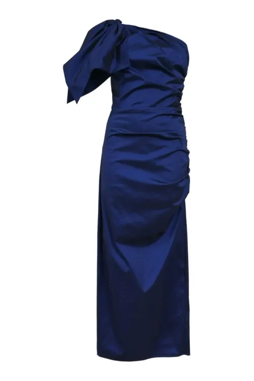 Navy polyester-blend taffeta Belis one-shoulder midi dress with bow accent and back vent