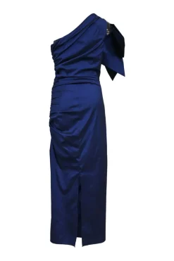 Navy polyester-blend taffeta Belis one-shoulder midi dress with bow accent and back vent