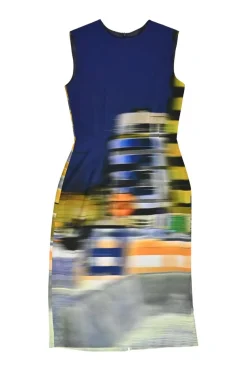 Navy polyester-silk blend abstract print sleeveless knee-length sheath dress
