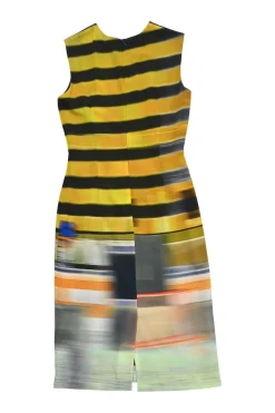 Navy polyester-silk blend abstract print sleeveless knee-length sheath dress