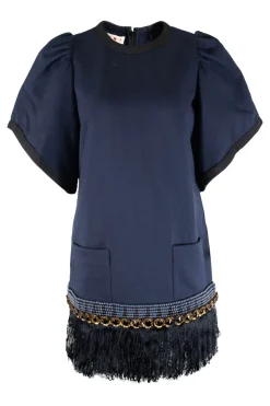 Navy polyester-wool blend puff sleeve shift dress with wooden beading, metallic flower embellishment, and fringe trim