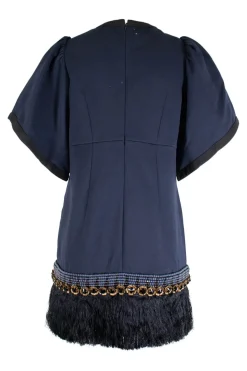 Navy polyester-wool blend puff sleeve shift dress with wooden beading, metallic flower embellishment, and fringe trim