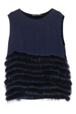 Navy raccoon fur-trimmed wool crêpe sleeveless swing top