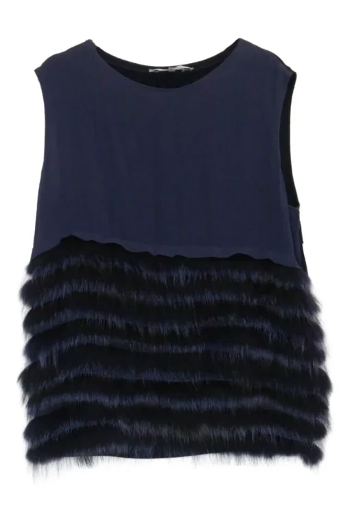 Navy raccoon fur-trimmed wool crêpe sleeveless swing top