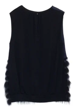 Navy raccoon fur-trimmed wool crêpe sleeveless swing top