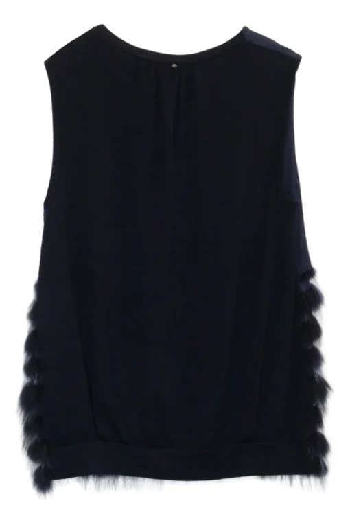 Navy raccoon fur-trimmed wool crêpe sleeveless swing top