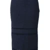 Navy rayon-blend metallic bouclé knit pencil skirt with tonal cutout edge trim inserts