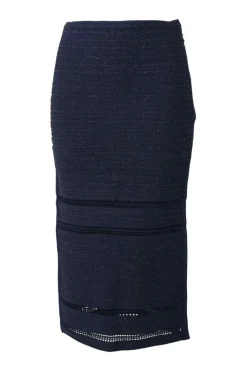 Navy rayon-blend metallic bouclé knit pencil skirt with tonal cutout edge trim inserts
