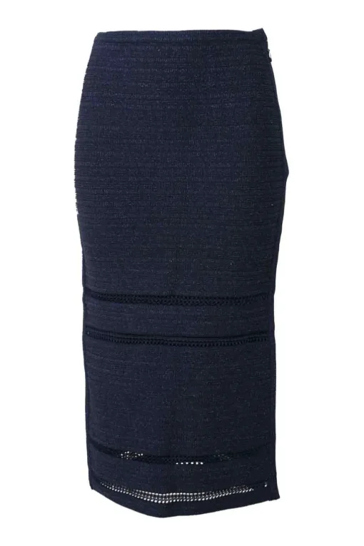 Navy rayon-blend metallic bouclé knit pencil skirt with tonal cutout edge trim inserts