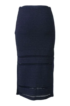 Navy rayon-blend metallic bouclé knit pencil skirt with tonal cutout edge trim inserts