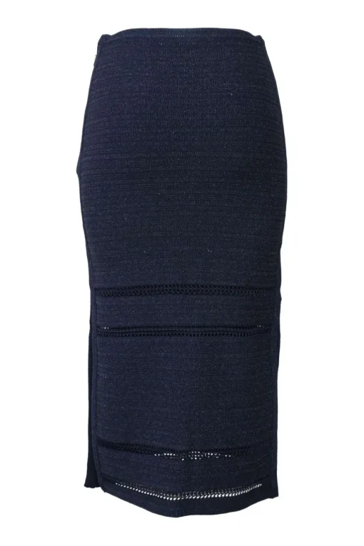 Navy rayon-blend metallic bouclé knit pencil skirt with tonal cutout edge trim inserts