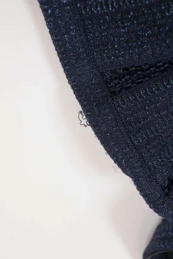 Navy rayon-blend metallic bouclé knit pencil skirt with tonal cutout edge trim inserts
